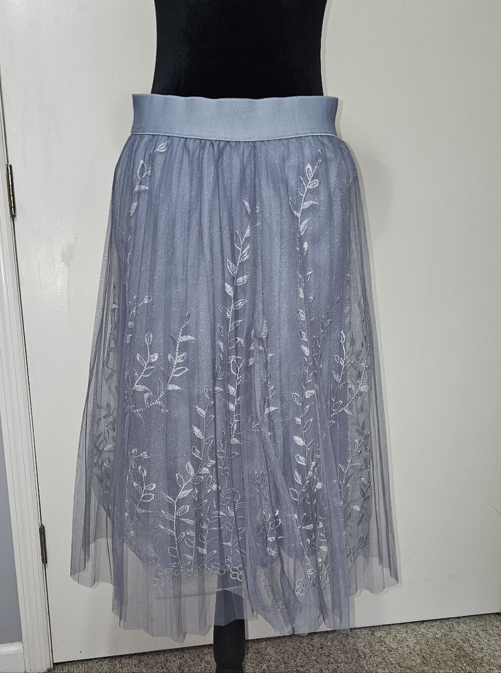 Triple Layer Lace & Tool Light Blue A-Line Skirt with Elastic Waistband